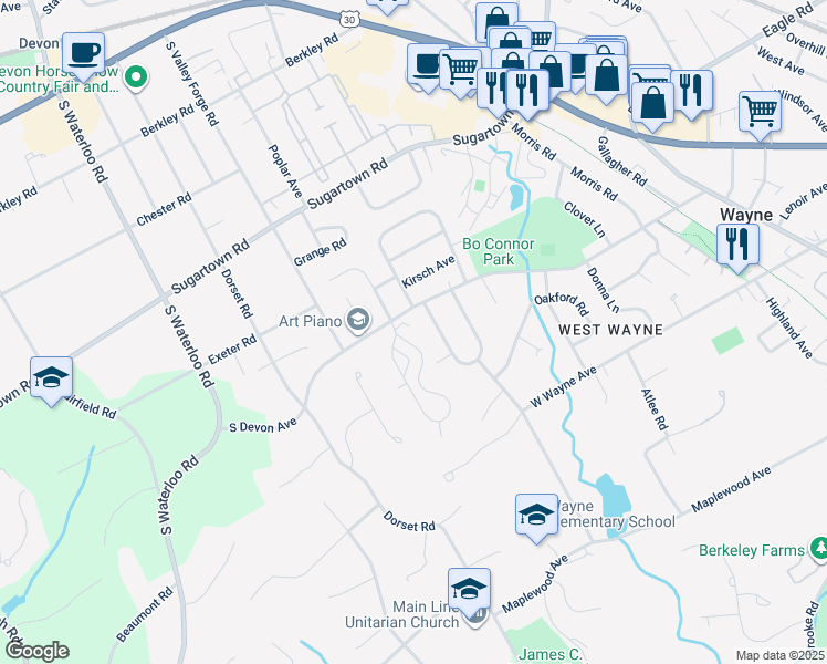 map of restaurants, bars, coffee shops, grocery stores, and more near 111 Eaton Drive in Wayne