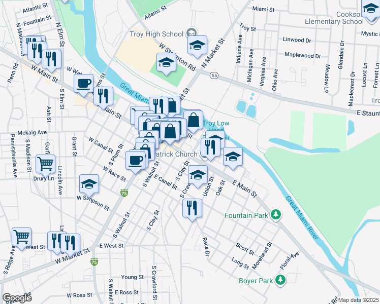 map of restaurants, bars, coffee shops, grocery stores, and more near 18 South Clay Street in Troy