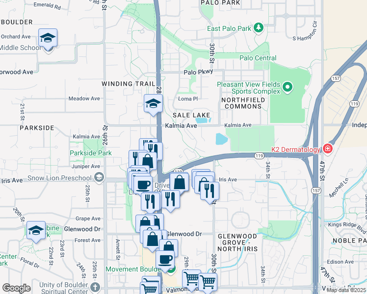map of restaurants, bars, coffee shops, grocery stores, and more near 2890 Kalmia Avenue in Boulder