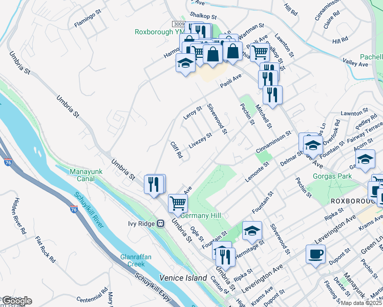map of restaurants, bars, coffee shops, grocery stores, and more near 337 Leroy Street in Philadelphia