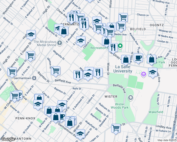 map of restaurants, bars, coffee shops, grocery stores, and more near 513 East Penn Street in Philadelphia