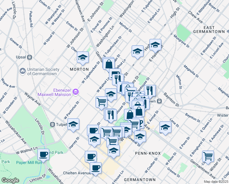 map of restaurants, bars, coffee shops, grocery stores, and more near 20 West Harvey Street in Philadelphia