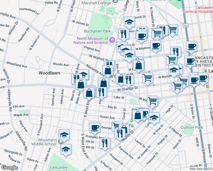 map of restaurants, bars, coffee shops, grocery stores, and more near 121 College Avenue in Lancaster