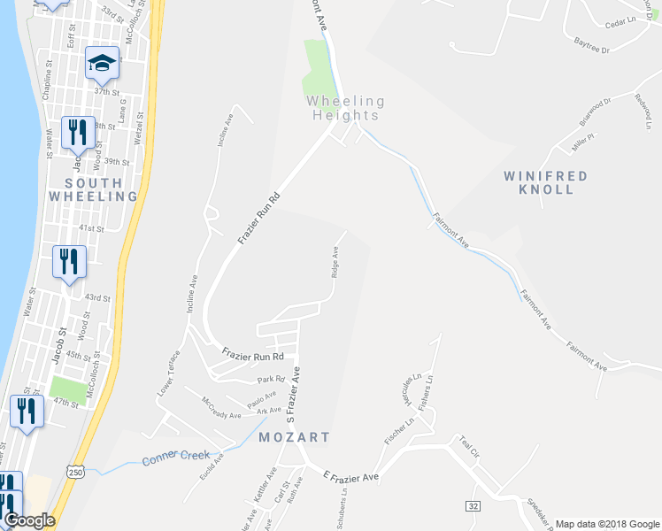 map of restaurants, bars, coffee shops, grocery stores, and more near 25 Ridge Avenue in Wheeling