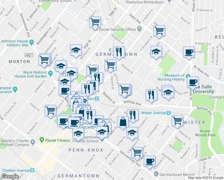map of restaurants, bars, coffee shops, grocery stores, and more near 5606 Heiskell Street in Philadelphia