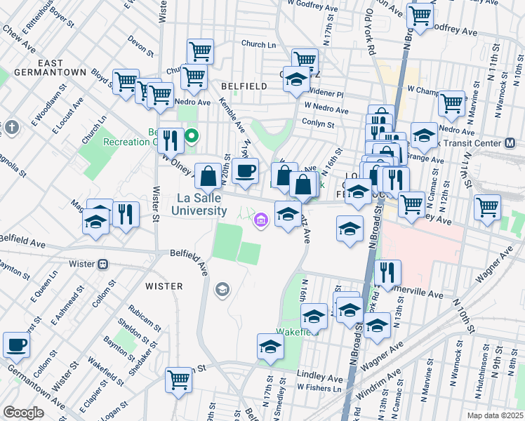 map of restaurants, bars, coffee shops, grocery stores, and more near 1702 West Olney Avenue in Philadelphia
