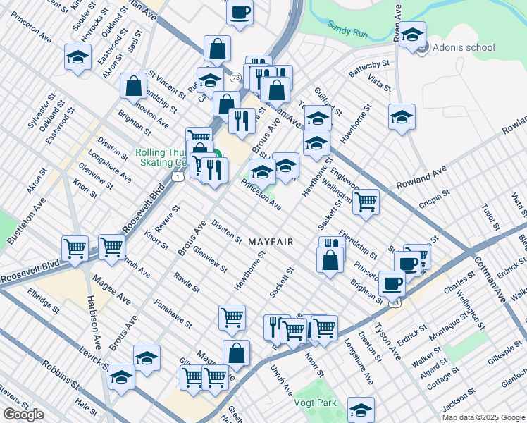 map of restaurants, bars, coffee shops, grocery stores, and more near 3015 Brighton St in Philadelphia