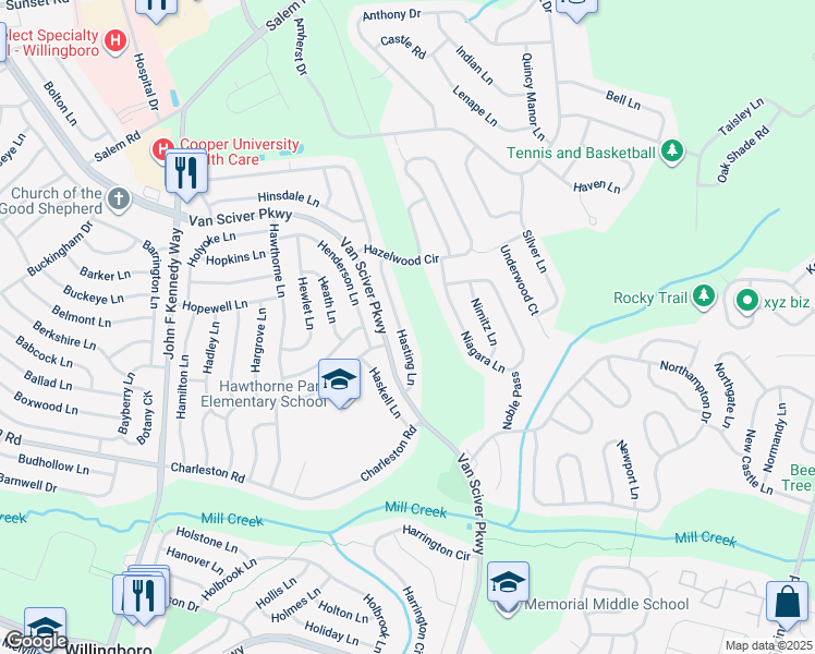 map of restaurants, bars, coffee shops, grocery stores, and more near 34 Hastings Avenue in Medford