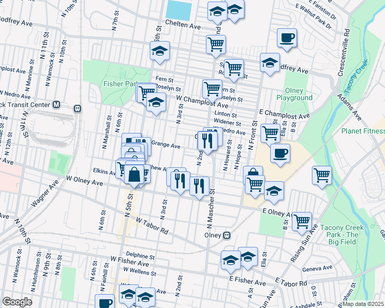 map of restaurants, bars, coffee shops, grocery stores, and more near 221 Furley Street in Philadelphia