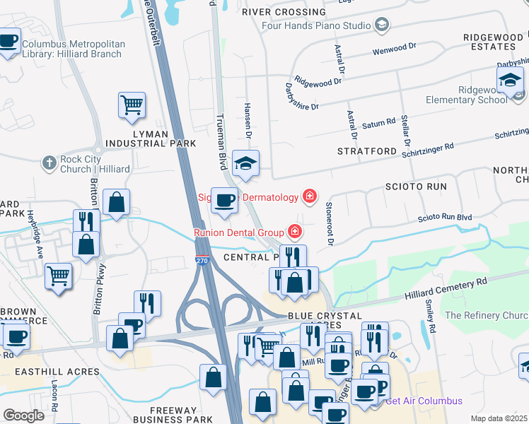 map of restaurants, bars, coffee shops, grocery stores, and more near 4160 Trueman Boulevard in Hilliard