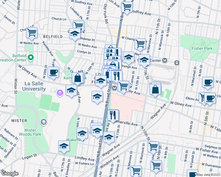 map of restaurants, bars, coffee shops, grocery stores, and more near Old York Rd & N Broad St in Philadelphia