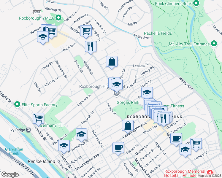 map of restaurants, bars, coffee shops, grocery stores, and more near 422 Fountain Street in Philadelphia