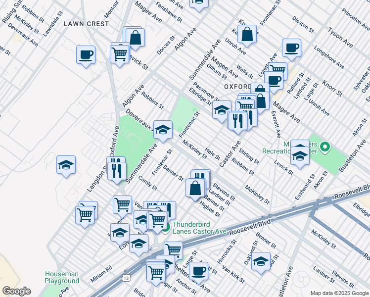 map of restaurants, bars, coffee shops, grocery stores, and more near 1215 Devereaux Avenue in Philadelphia