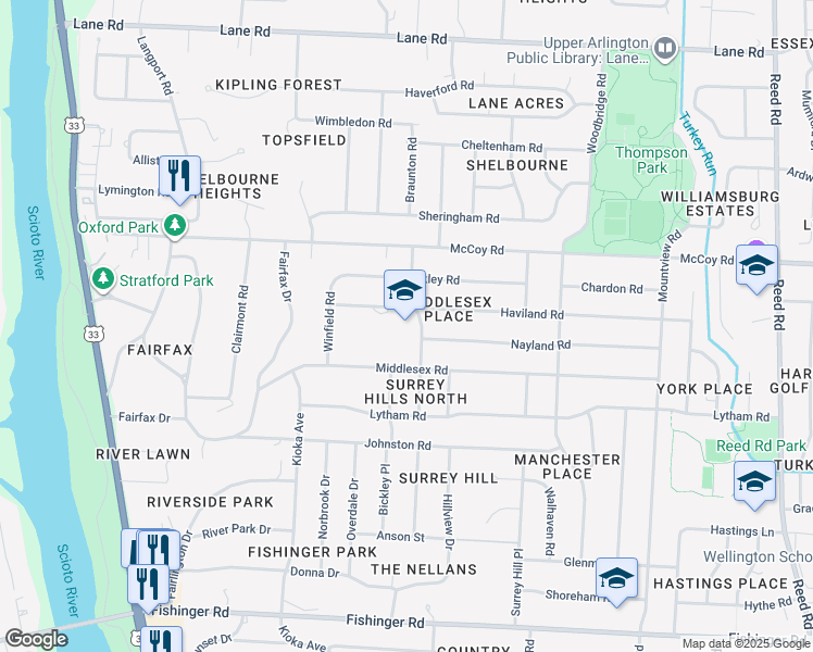 map of restaurants, bars, coffee shops, grocery stores, and more near 4101 Windermere Road in Columbus
