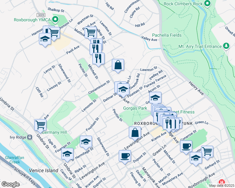 map of restaurants, bars, coffee shops, grocery stores, and more near 6526 Ridge Avenue in Philadelphia