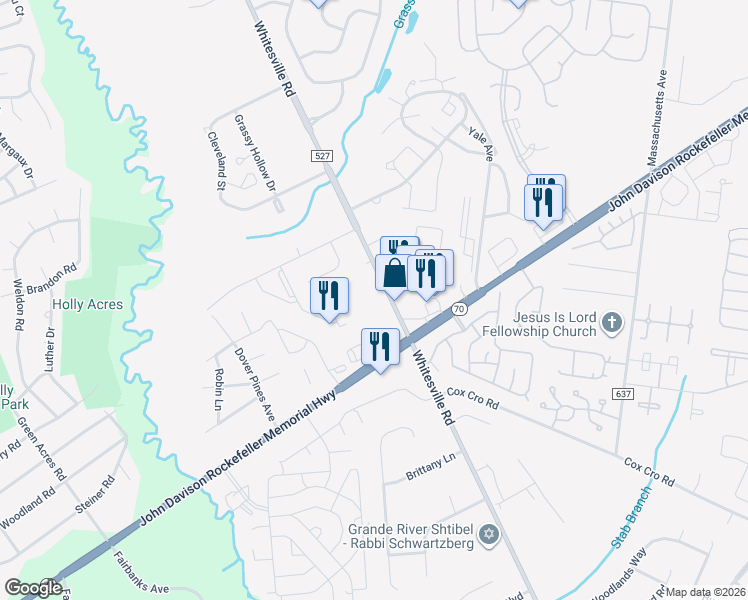 map of restaurants, bars, coffee shops, grocery stores, and more near 2116 Whitesville Road in Toms River