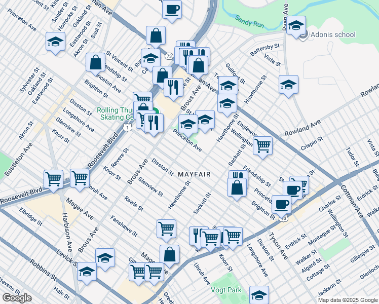 map of restaurants, bars, coffee shops, grocery stores, and more near 3015 Brighton St in Philadelphia