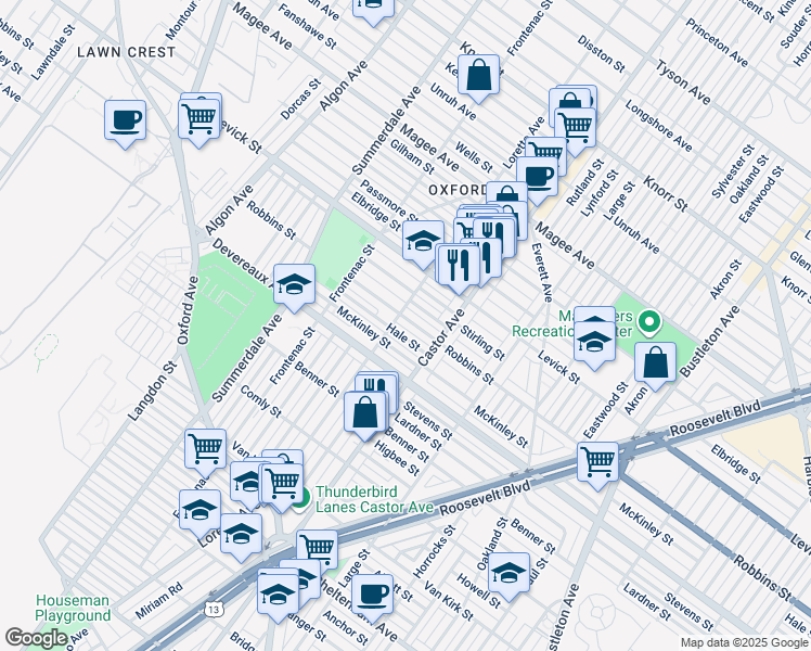 map of restaurants, bars, coffee shops, grocery stores, and more near 1308 Robbins Street in Philadelphia