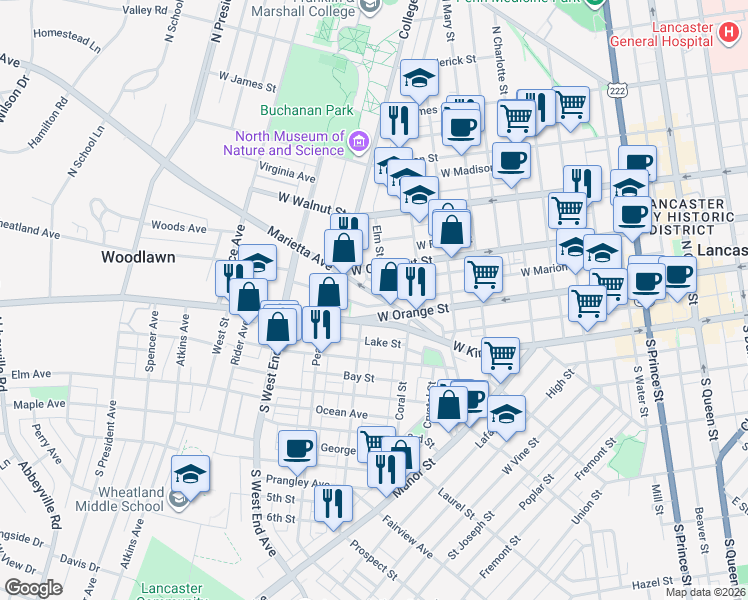 map of restaurants, bars, coffee shops, grocery stores, and more near 665 Columbia Avenue in Lancaster