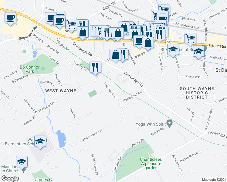 map of restaurants, bars, coffee shops, grocery stores, and more near 227 Highland Avenue in Wayne