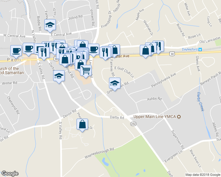 map of restaurants, bars, coffee shops, grocery stores, and more near 7 Greenlawn Road in Paoli