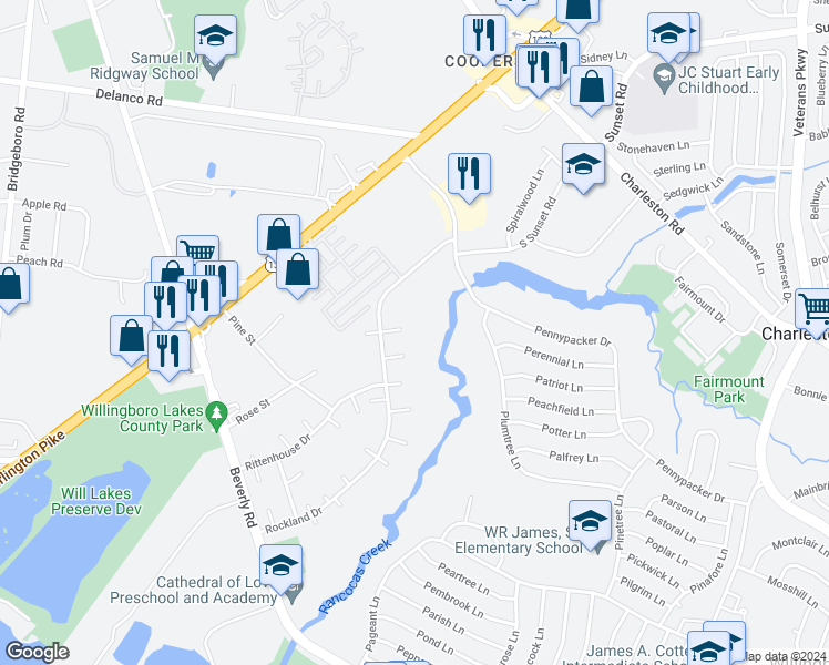 map of restaurants, bars, coffee shops, grocery stores, and more near 12 Ridgeview Place in Willingboro