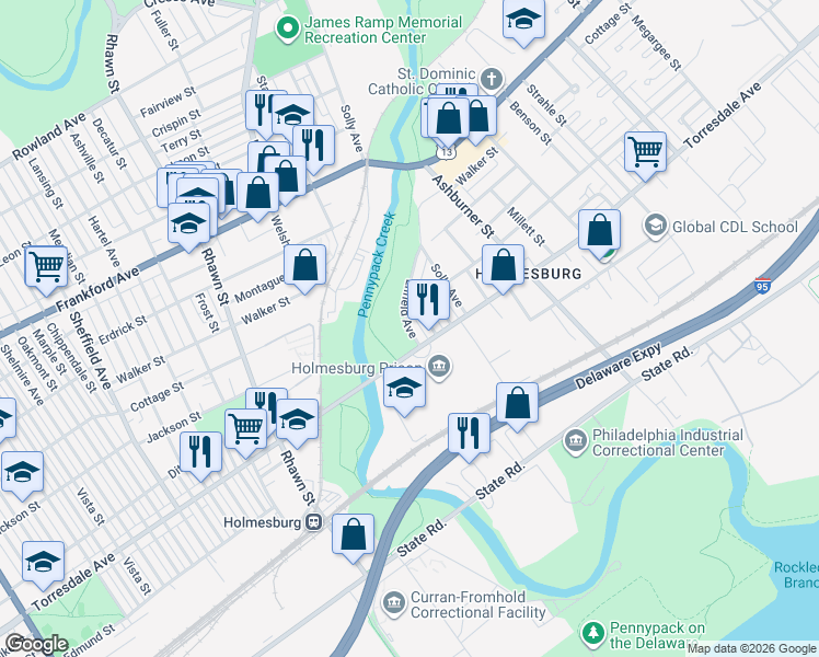 map of restaurants, bars, coffee shops, grocery stores, and more near 4641 Enfield Avenue in Philadelphia