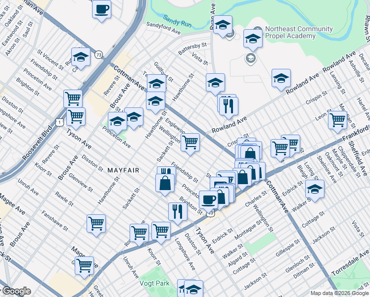 map of restaurants, bars, coffee shops, grocery stores, and more near 3244 Saint Vincent Street in Philadelphia