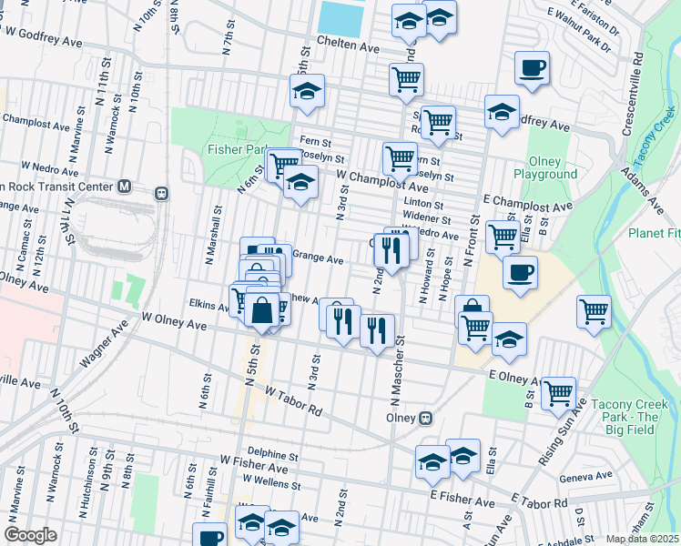 map of restaurants, bars, coffee shops, grocery stores, and more near 5713 North American Street in Philadelphia