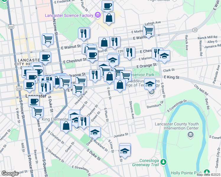 map of restaurants, bars, coffee shops, grocery stores, and more near 41 South Ann Street in Lancaster