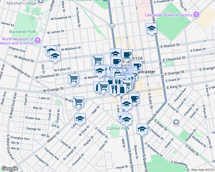 map of restaurants, bars, coffee shops, grocery stores, and more near 233 West King Street in Lancaster