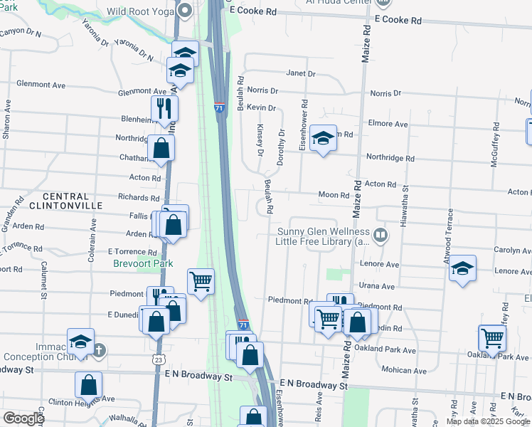 map of restaurants, bars, coffee shops, grocery stores, and more near 3577 Beulah Road in Columbus