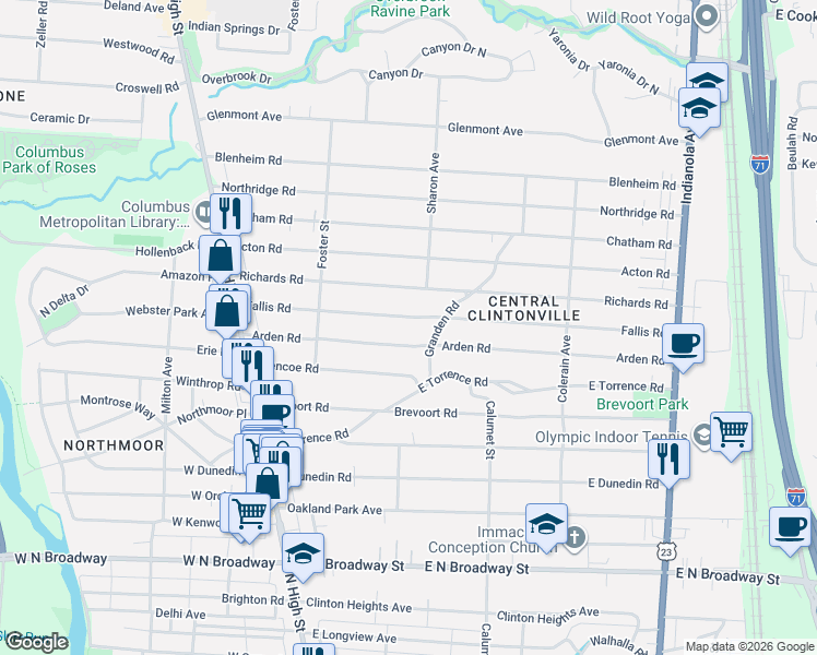 map of restaurants, bars, coffee shops, grocery stores, and more near 211 Arden Road in Columbus