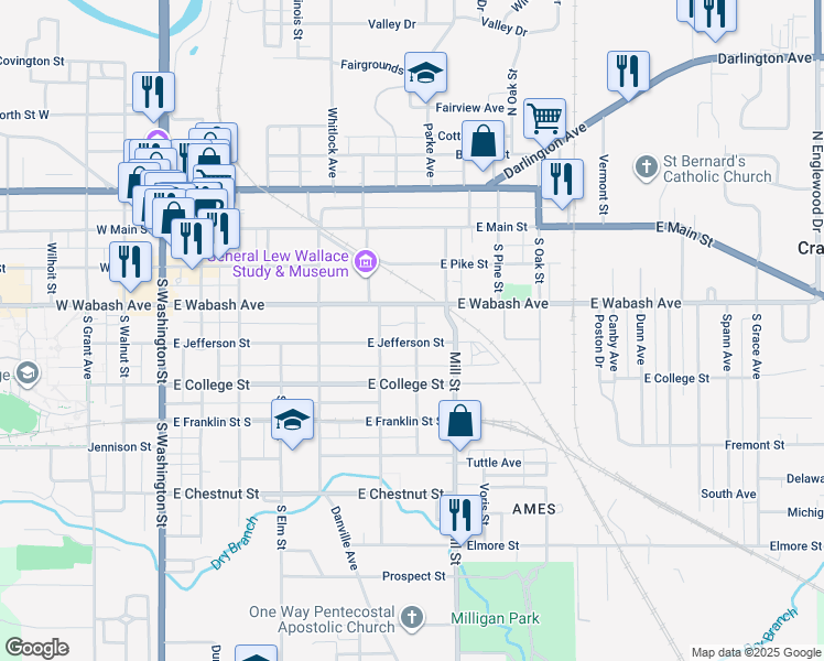 map of restaurants, bars, coffee shops, grocery stores, and more near 709 East Jefferson Street in Crawfordsville