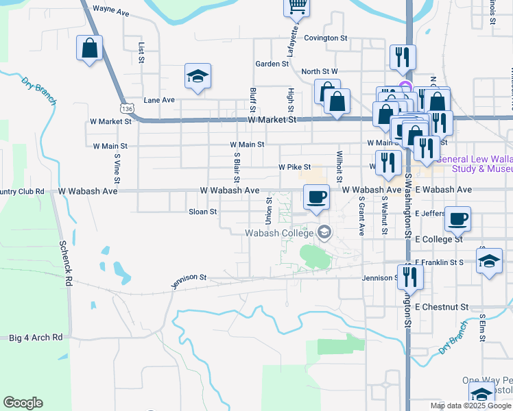 map of restaurants, bars, coffee shops, grocery stores, and more near 405 Russell Avenue in Crawfordsville