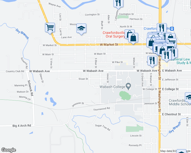 map of restaurants, bars, coffee shops, grocery stores, and more near 405 Russell Avenue in Crawfordsville