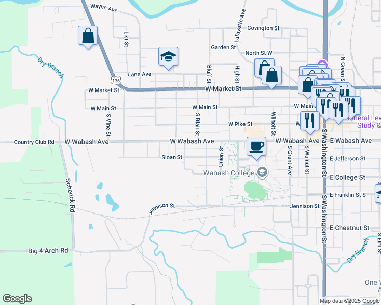 map of restaurants, bars, coffee shops, grocery stores, and more near 406 Meadow Avenue in Crawfordsville