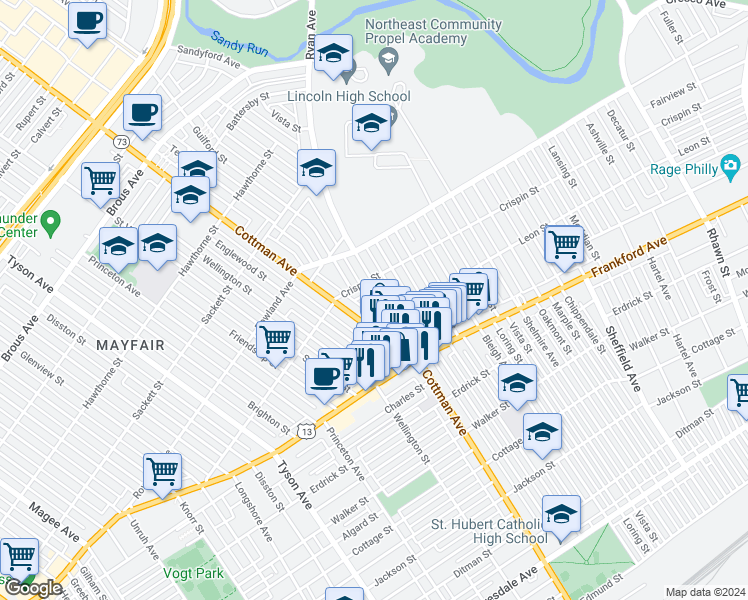 map of restaurants, bars, coffee shops, grocery stores, and more near 3424 Ryan Avenue in Philadelphia