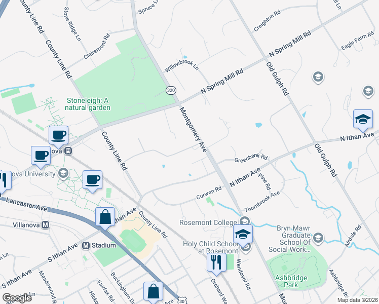 map of restaurants, bars, coffee shops, grocery stores, and more near 1532 Montgomery Avenue in Villanova