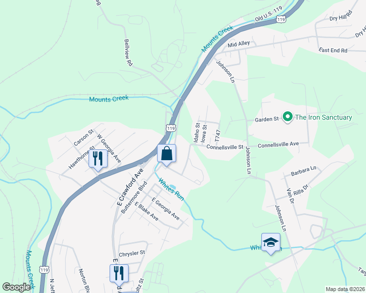 map of restaurants, bars, coffee shops, grocery stores, and more near 1802 Kentucky Avenue in Connellsville