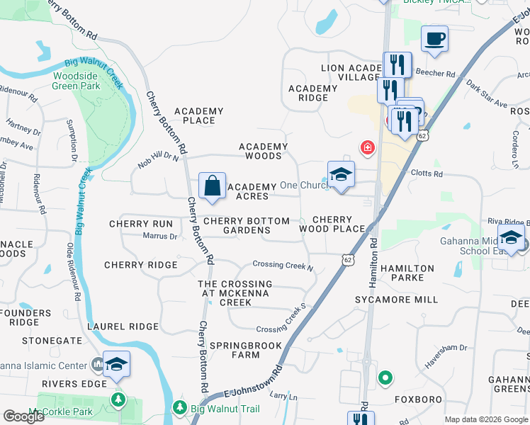 map of restaurants, bars, coffee shops, grocery stores, and more near 209 Cherrystone Drive South in Columbus