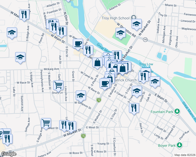 map of restaurants, bars, coffee shops, grocery stores, and more near 14 West Canal Street in Troy