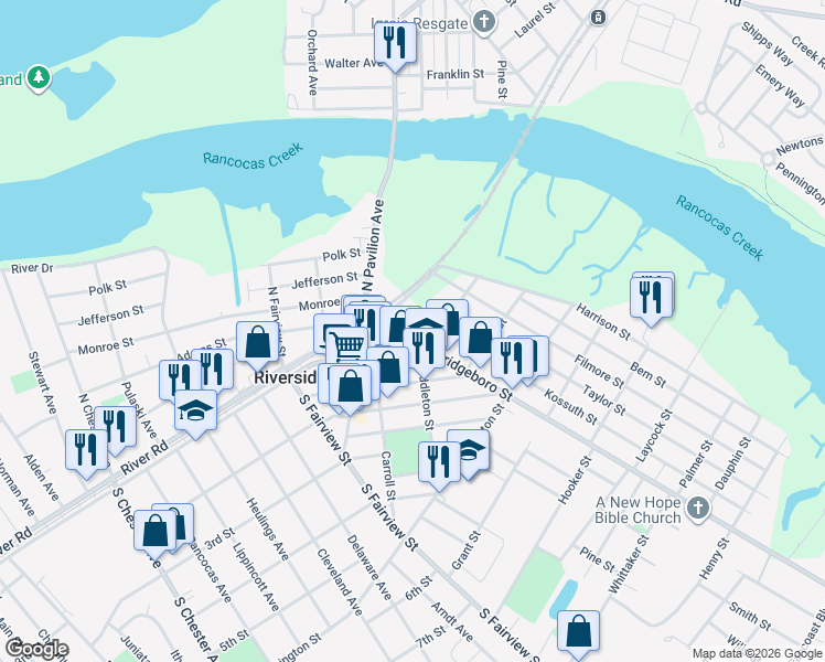 map of restaurants, bars, coffee shops, grocery stores, and more near 42 East Scott Street in Riverside