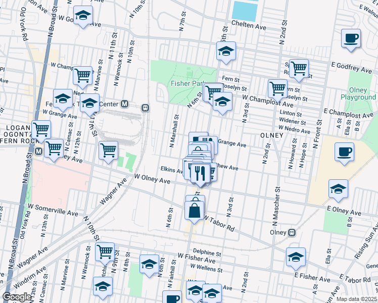 map of restaurants, bars, coffee shops, grocery stores, and more near 5720 North Fairhill Street in Philadelphia
