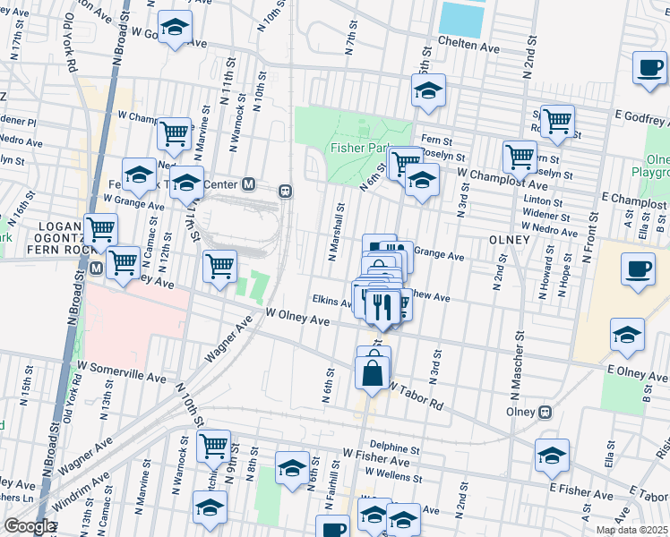 map of restaurants, bars, coffee shops, grocery stores, and more near 5713 North Marshall Street in Philadelphia