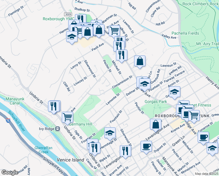 map of restaurants, bars, coffee shops, grocery stores, and more near 366 Cinnaminson Street in Philadelphia