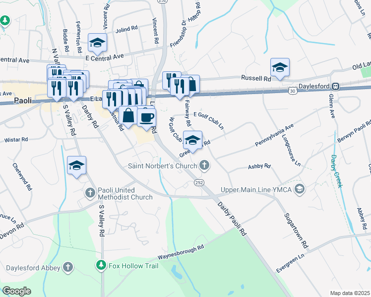 map of restaurants, bars, coffee shops, grocery stores, and more near 7 Greenlawn Road in Paoli