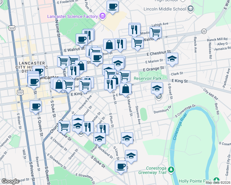 map of restaurants, bars, coffee shops, grocery stores, and more near 41 South Ann Street in Lancaster