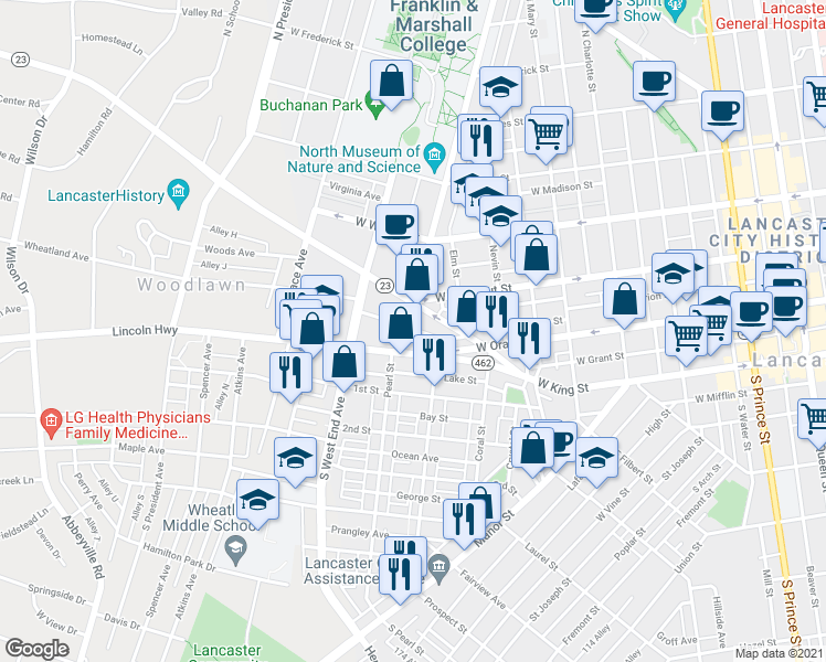 map of restaurants, bars, coffee shops, grocery stores, and more near 123 College Avenue in Lancaster