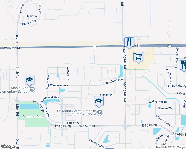 map of restaurants, bars, coffee shops, grocery stores, and more near 17328 Cayuga Drive in Westfield